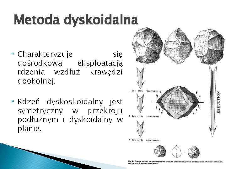 Metoda dyskoidalna Charakteryzuje się dośrodkową eksploatacją rdzenia wzdłuż krawędzi dookolnej. Rdzeń dyskoskoidalny jest symetryczny