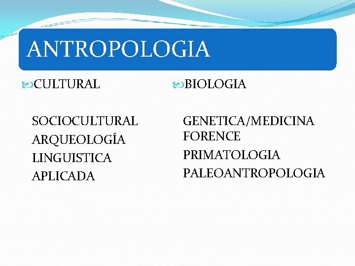 ANTROPOLOGIA CULTURAL SOCIOCULTURAL ARQUEOLOGÍA LINGUISTICA APLICADA BIOLOGIA GENETICA/MEDICINA FORENCE PRIMATOLOGIA PALEOANTROPOLOGIA 