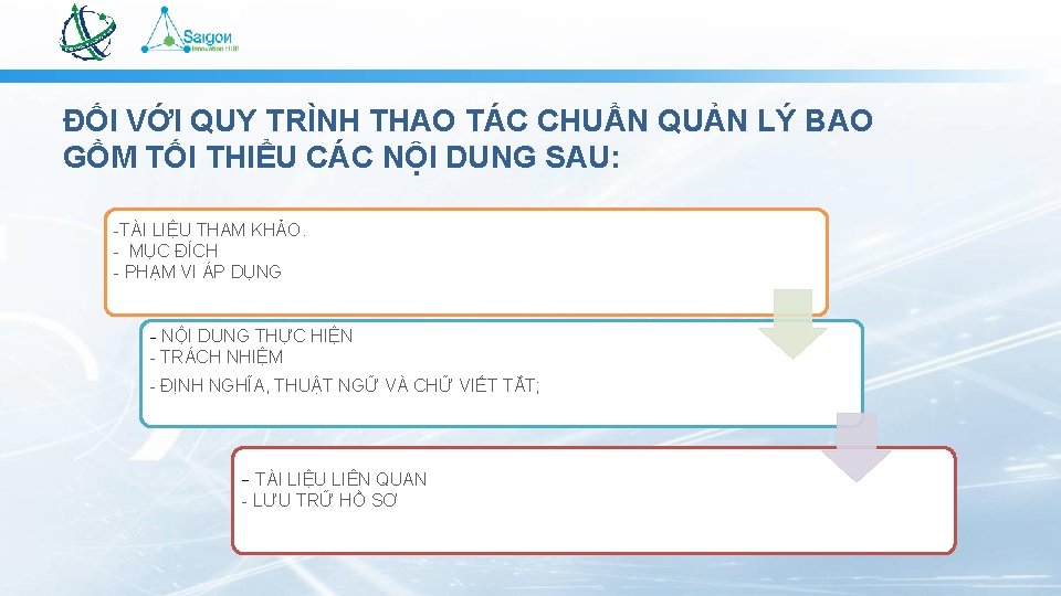 ĐỐI VỚI QUY TRÌNH THAO TÁC CHUẨN QUẢN LÝ BAO GỒM TỐI THIỂU CÁC