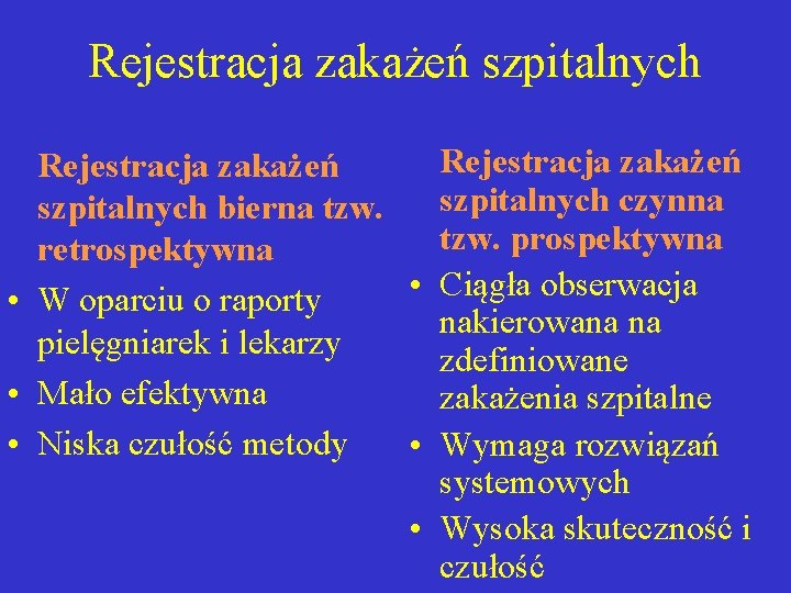 Rejestracja zakażeń szpitalnych czynna szpitalnych bierna tzw. prospektywna retrospektywna • Ciągła obserwacja • W