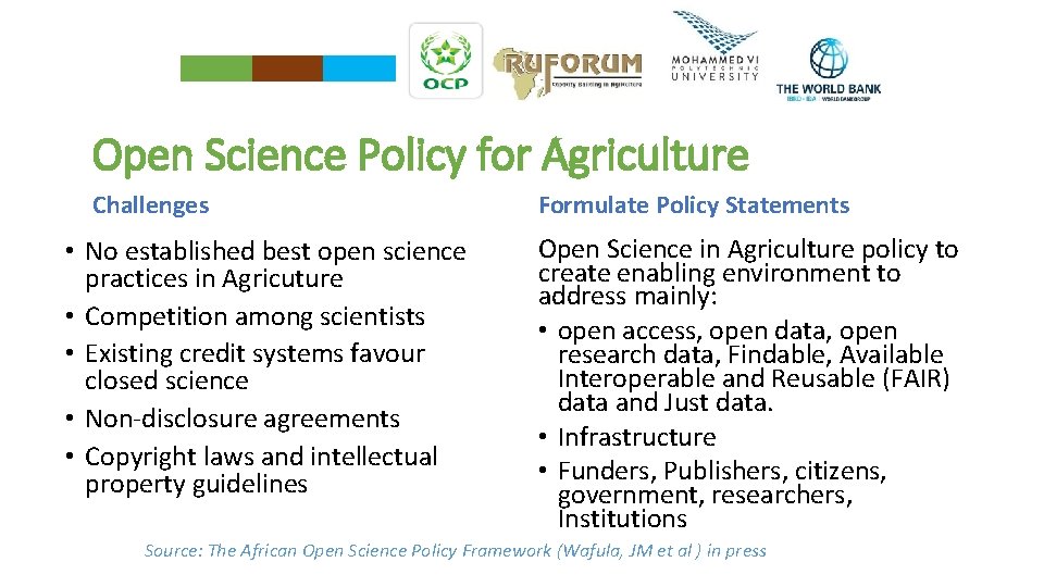 Open Science Policy for Agriculture Challenges • No established best open science practices in