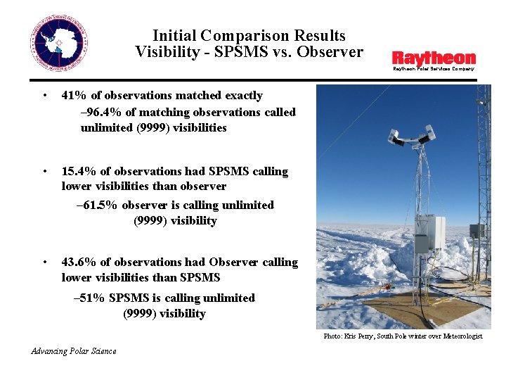 Initial Comparison Results Visibility - SPSMS vs. Observer Raytheon Polar Services Company • 41%