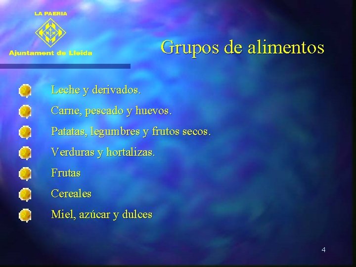 Grupos de alimentos Leche y derivados. Carne, pescado y huevos. Patatas, legumbres y frutos