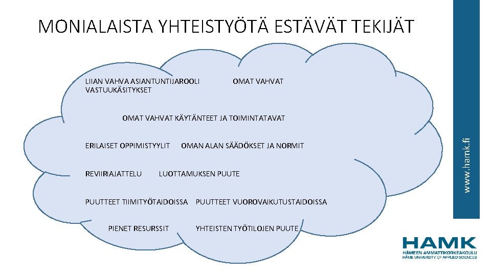 MONIALAISTA YHTEISTYÖTÄ ESTÄVÄT TEKIJÄT LIIAN VAHVA ASIANTUNTIJAROOLI VASTUUKÄSITYKSET OMAT VAHVAT ERILAISET OPPIMISTYYLIT REVIIRIAJATTELU OMAN