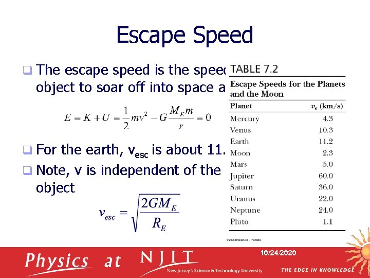 Escape Speed q The escape speed is the speed needed for an object to