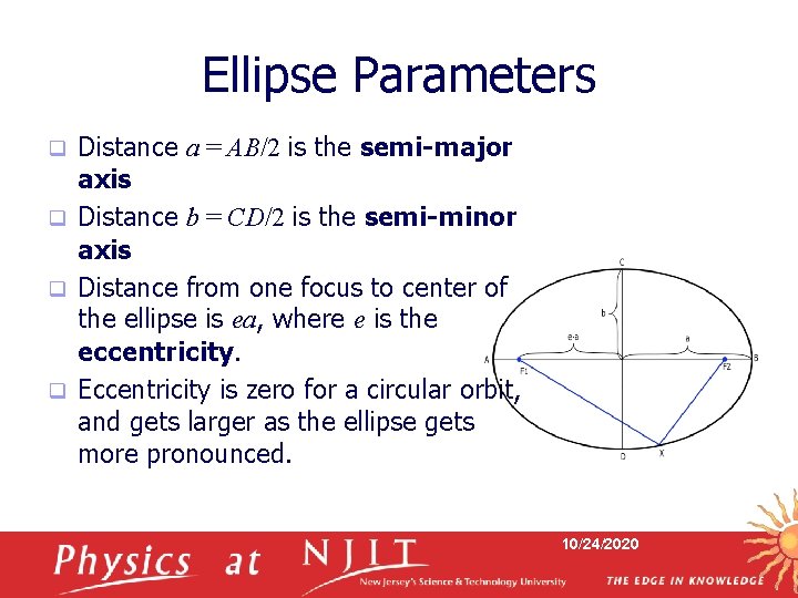 Ellipse Parameters Distance a = AB/2 is the semi-major axis q Distance b =