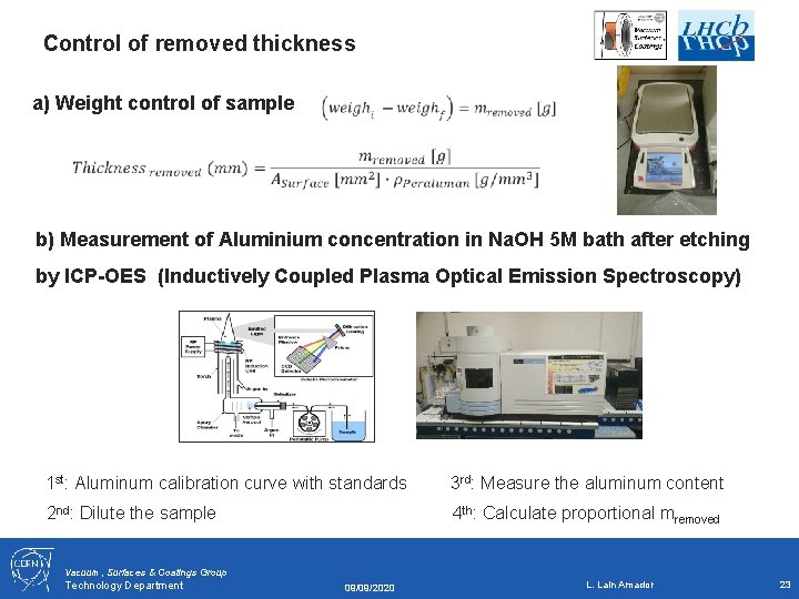 Control of removed thickness a) Weight control of sample b) Measurement of Aluminium concentration