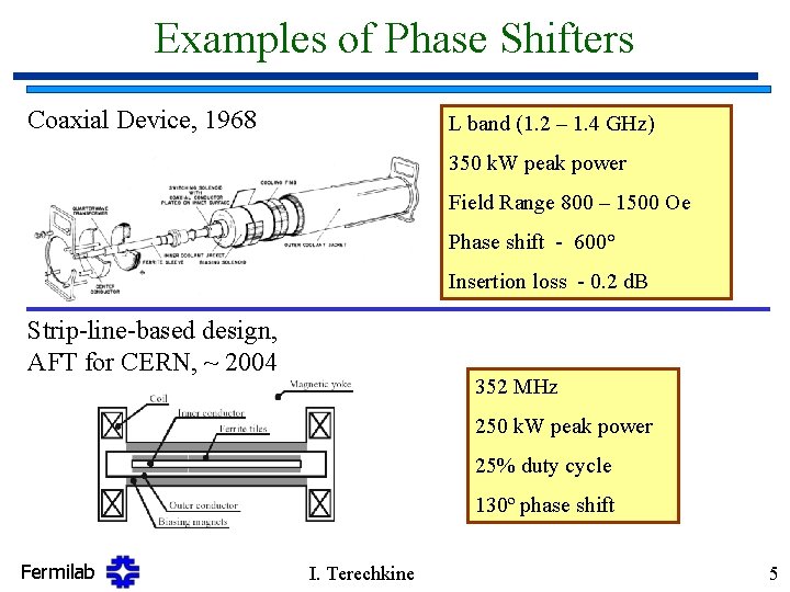Examples of Phase Shifters Coaxial Device, 1968 L band (1. 2 – 1. 4