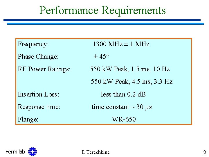 Performance Requirements Frequency: 1300 MHz ± 1 MHz Phase Change: ± 45° RF Power