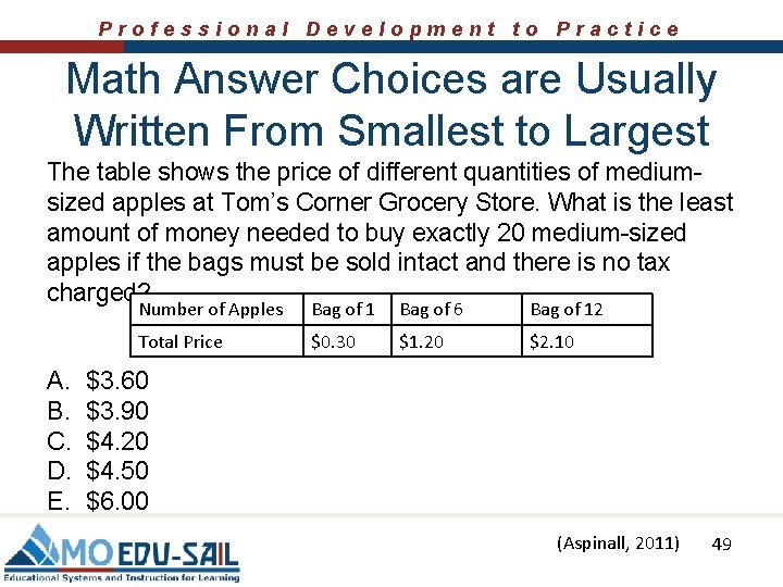 Professional Development to Practice Math Answer Choices are Usually Written From Smallest to Largest