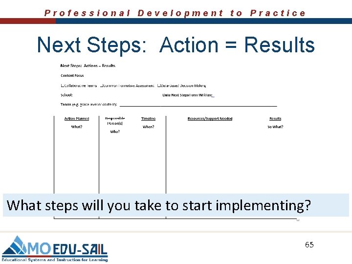 Professional Development to Practice Next Steps: Action = Results What steps will you take