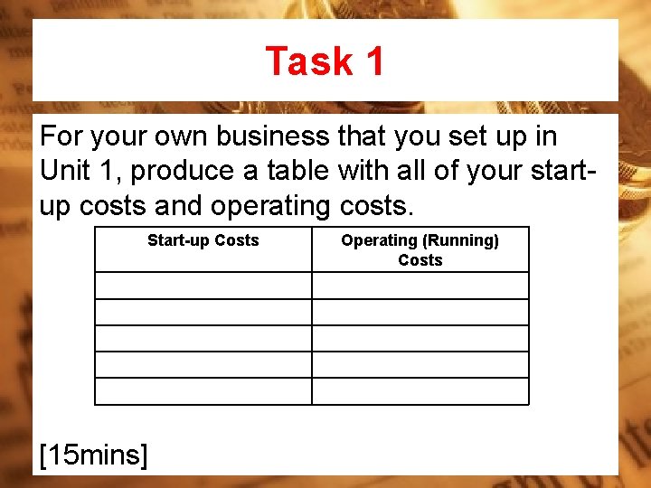 Task 1 For your own business that you set up in Unit 1, produce