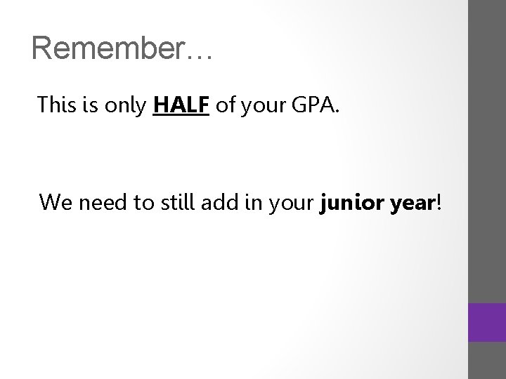 Remember… This is only HALF of your GPA. We need to still add in