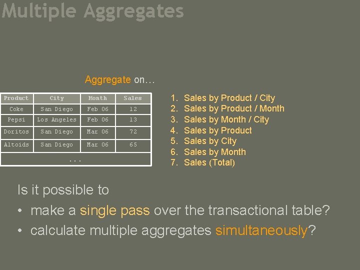 Multiple Aggregates Aggregate on… Product City Month Sales Coke San Diego Feb 06 12