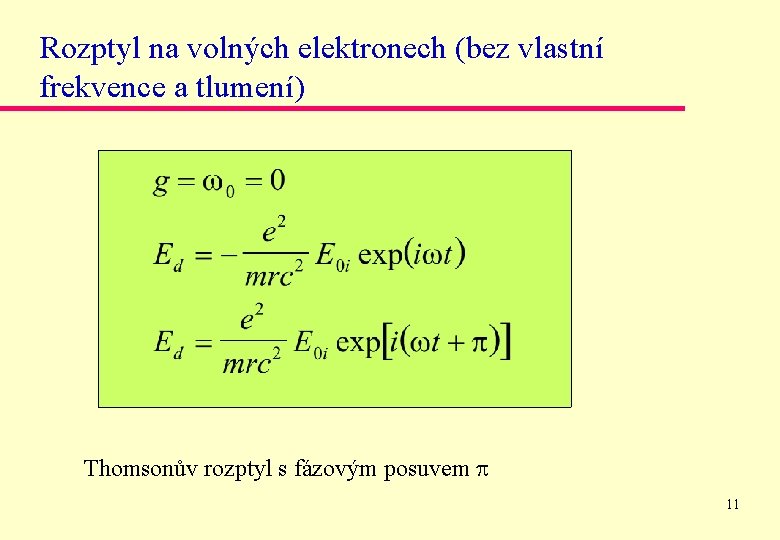 Rozptyl na volných elektronech (bez vlastní frekvence a tlumení) Thomsonův rozptyl s fázovým posuvem