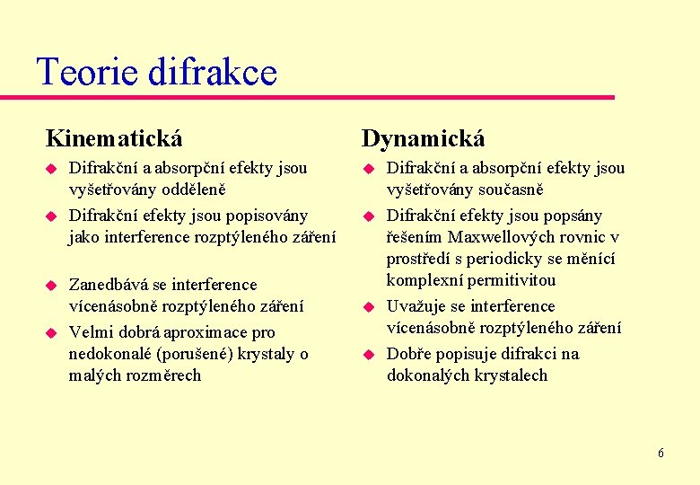 Teorie difrakce Kinematická u u Difrakční a absorpční efekty jsou vyšetřovány odděleně Difrakční efekty