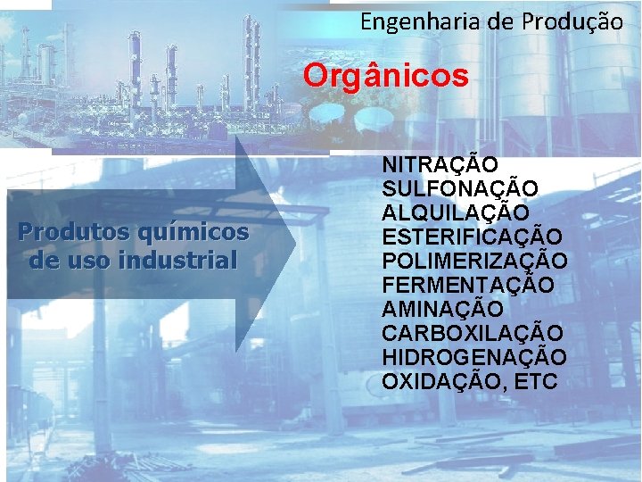 Engenharia de Produção Orgânicos Produtos químicos de uso industrial NITRAÇÃO SULFONAÇÃO ALQUILAÇÃO ESTERIFICAÇÃO POLIMERIZAÇÃO