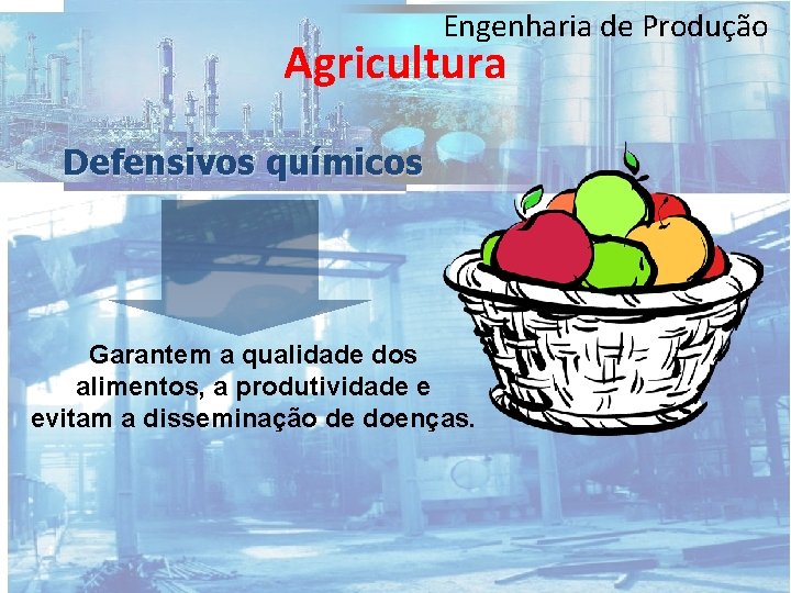 Engenharia de Produção Agricultura Defensivos químicos Garantem a qualidade dos alimentos, a produtividade e