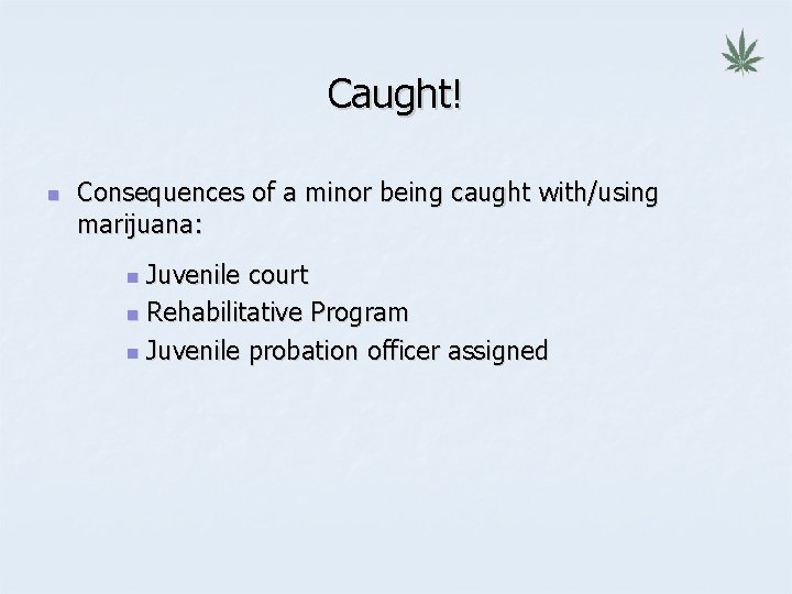 Caught! n Consequences of a minor being caught with/using marijuana: Juvenile court n Rehabilitative