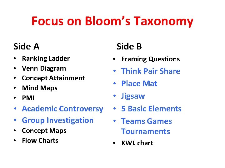 Focus on Bloom’s Taxonomy Side A • • • Ranking Ladder Venn Diagram Concept