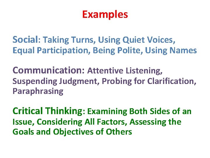 Examples Social: Taking Turns, Using Quiet Voices, Equal Participation, Being Polite, Using Names Communication: