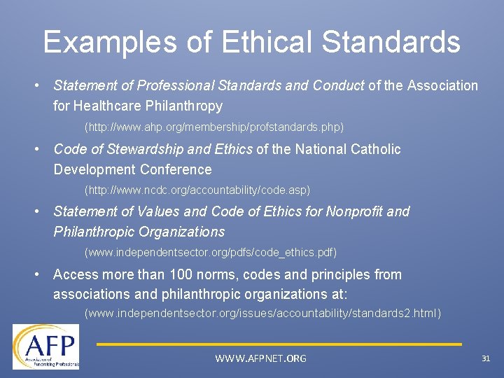 Examples of Ethical Standards • Statement of Professional Standards and Conduct of the Association