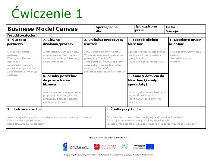 Ćwiczenie 1 Sporządzone dla: Business Model Canvas Przedsięwzięcie: 8. Kluczowi partnerzy Kim są nasi