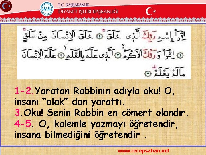 1 -2. Yaratan Rabbinin adıyla oku! O, insanı “alak” dan yarattı. 3. Oku! Senin