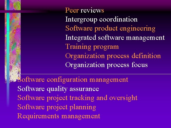 Peer reviews Intergroup coordination Software product engineering Integrated software management Training program Organization process