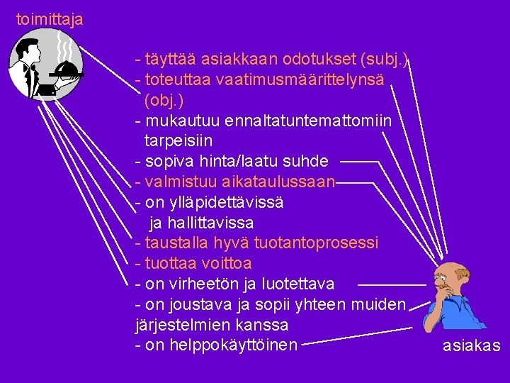 toimittaja - täyttää asiakkaan odotukset (subj. ) - toteuttaa vaatimusmäärittelynsä (obj. ) - mukautuu