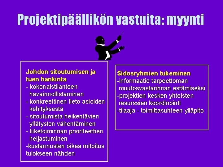 Projektipäällikön vastuita: myynti Johdon sitoutumisen ja tuen hankinta - kokonaistilanteen havainnollistaminen - konkreettinen tieto