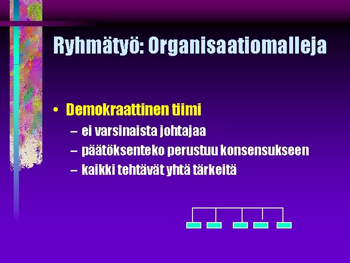 Ryhmätyö: Organisaatiomalleja • Demokraattinen tiimi – ei varsinaista johtajaa – päätöksenteko perustuu konsensukseen –