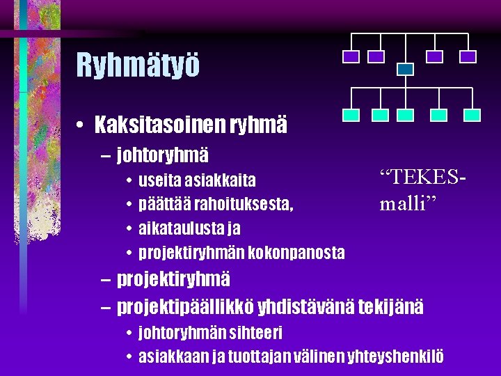 Ryhmätyö • Kaksitasoinen ryhmä – johtoryhmä • • useita asiakkaita päättää rahoituksesta, aikataulusta ja