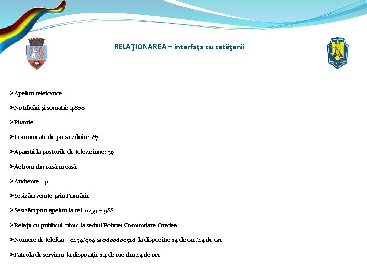RELAŢIONAREA – interfaţă cu cetăţenii ØApeluri telefonice: ØNotificări şi somaţii: 4. 800 ØPliante: ØComunicate