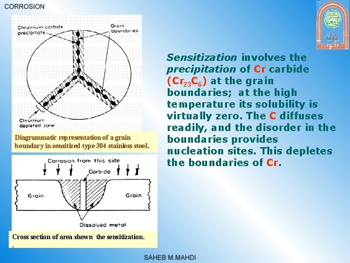 Diagrammatic representation of a grain boundary in sensitized type 304 stainless steel. Cross section