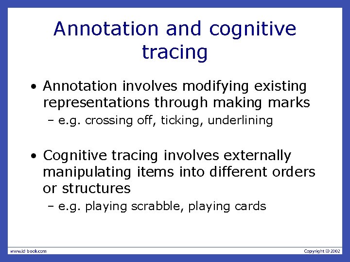 Annotation and cognitive tracing • Annotation involves modifying existing representations through making marks –