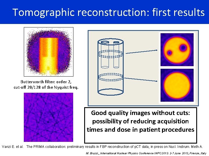 Tomographic reconstruction: first results Butterworth filter: order 2, cut-off 20/128 of the Nyquist freq.