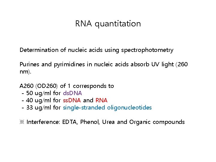 RNA quantitation Determination of nucleic acids using spectrophotometry Purines and pyrimidines in nucleic acids RNA quantitation Determination of nucleic acids using spectrophotometry Purines and pyrimidines in nucleic acids