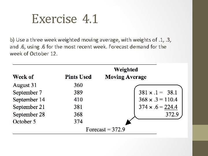 Exercise 4. 1 b) Use a three week weighted moving average, with weights of. Exercise 4. 1 b) Use a three week weighted moving average, with weights of.
