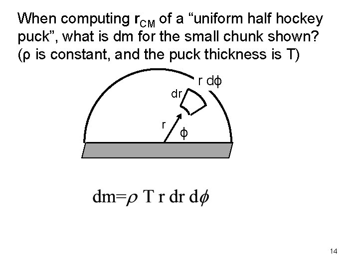 When computing r. CM of a “uniform half hockey puck”, what is dm for