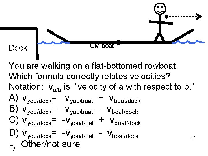 Dock CM boat You are walking on a flat-bottomed rowboat. Which formula correctly relates