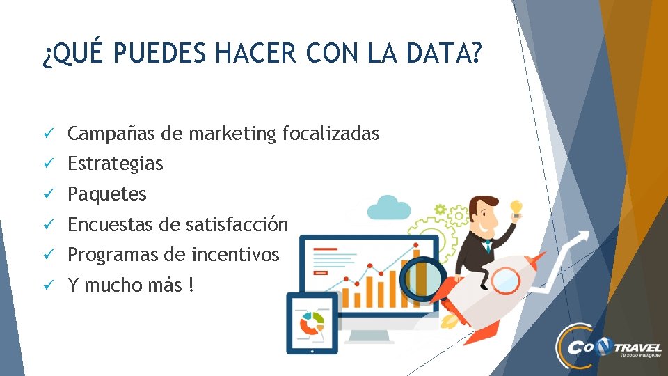 ¿QUÉ PUEDES HACER CON LA DATA? ü Campañas de marketing focalizadas ü Estrategias ü