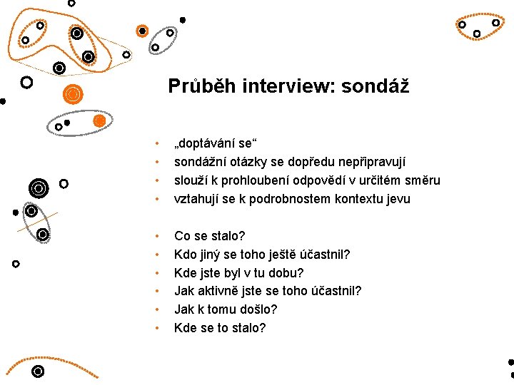 Průběh interview: sondáž • • „doptávání se“ sondážní otázky se dopředu nepřipravují slouží k Průběh interview: sondáž • • „doptávání se“ sondážní otázky se dopředu nepřipravují slouží k