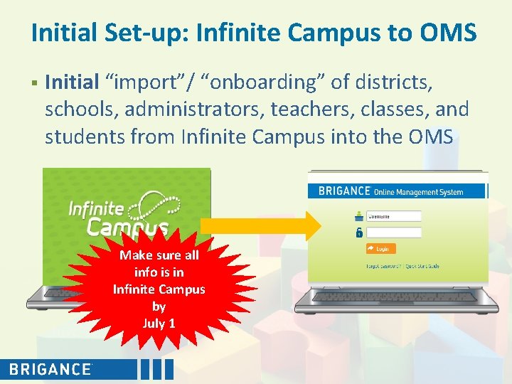 Initial Set-up: Infinite Campus to OMS § Initial “import”/ “onboarding” of districts, schools, administrators,