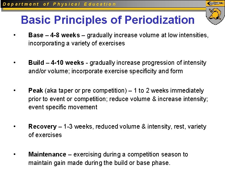 Department of Physical Education Basic Principles of Periodization • Base – 4 -8 weeks