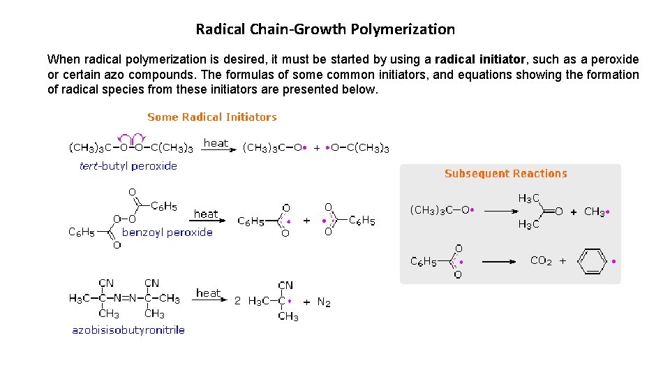 Radical Chain-Growth Polymerization When radical polymerization is desired, it must be started by using