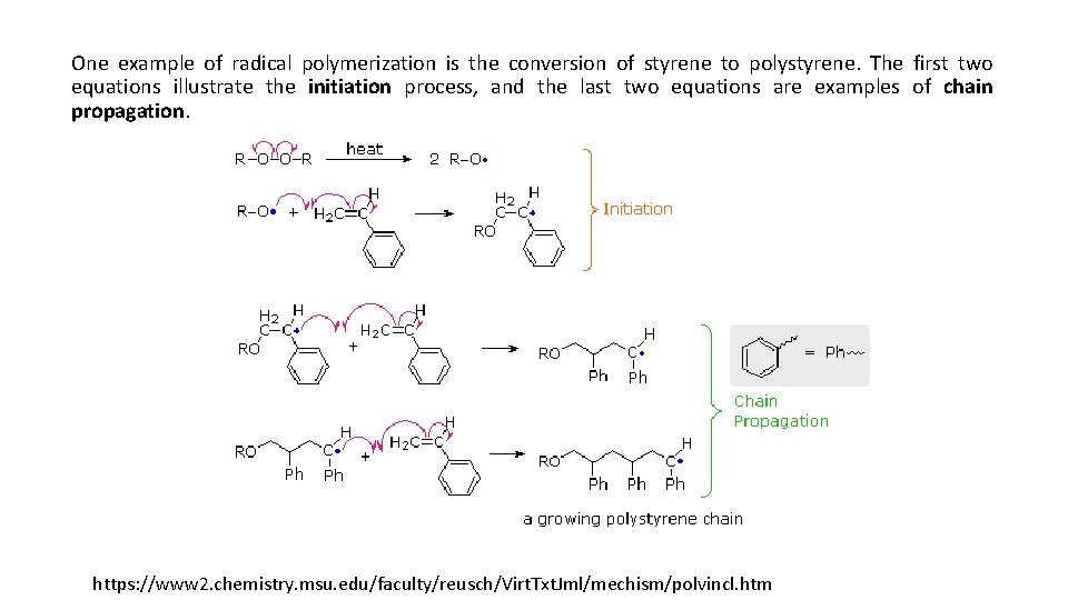 One example of radical polymerization is the conversion of styrene to polystyrene. The first