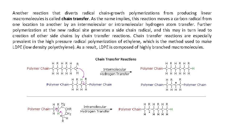 Another reaction that diverts radical chain-growth polymerizations from producing linear macromolecules is called chain