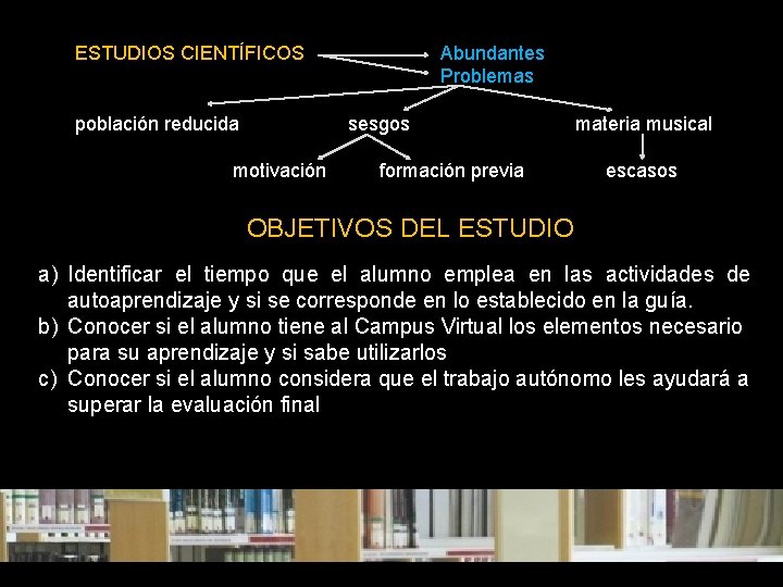 ESTUDIOS CIENTÍFICOS Abundantes Problemas población reducida sesgos materia musical motivación formación previa escasos OBJETIVOS