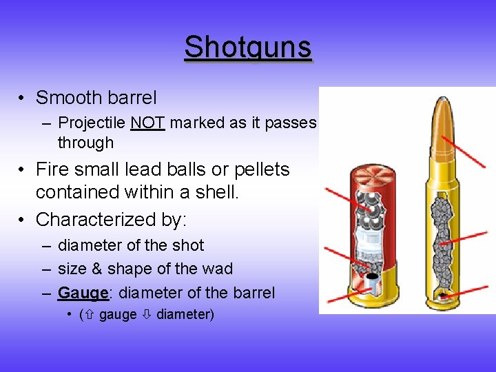 Shotguns • Smooth barrel – Projectile NOT marked as it passes through • Fire